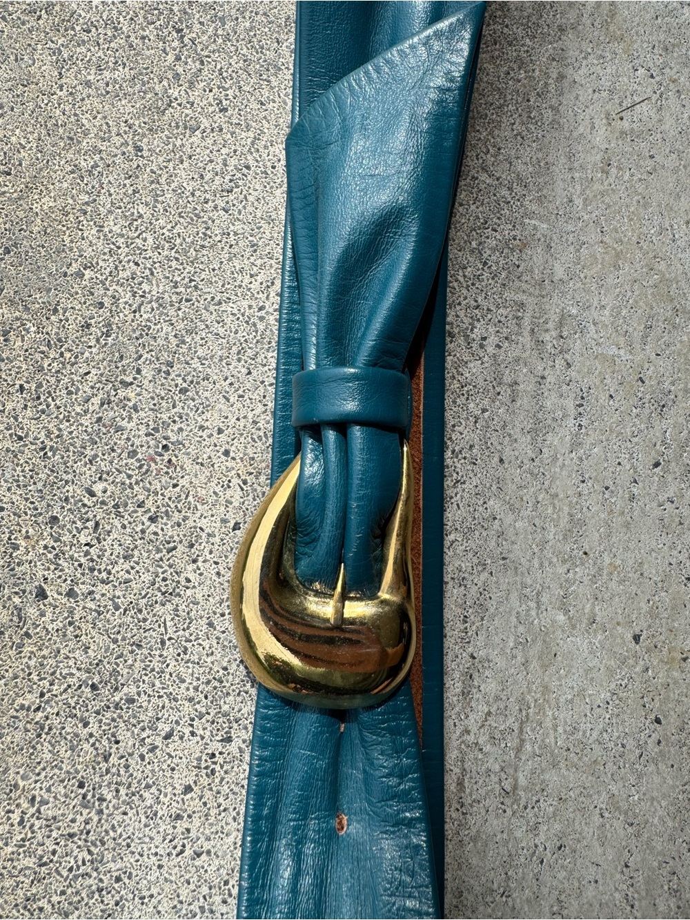 Vintage Teal Leather Belt with Gold Sculptural Buckle 80s 90s